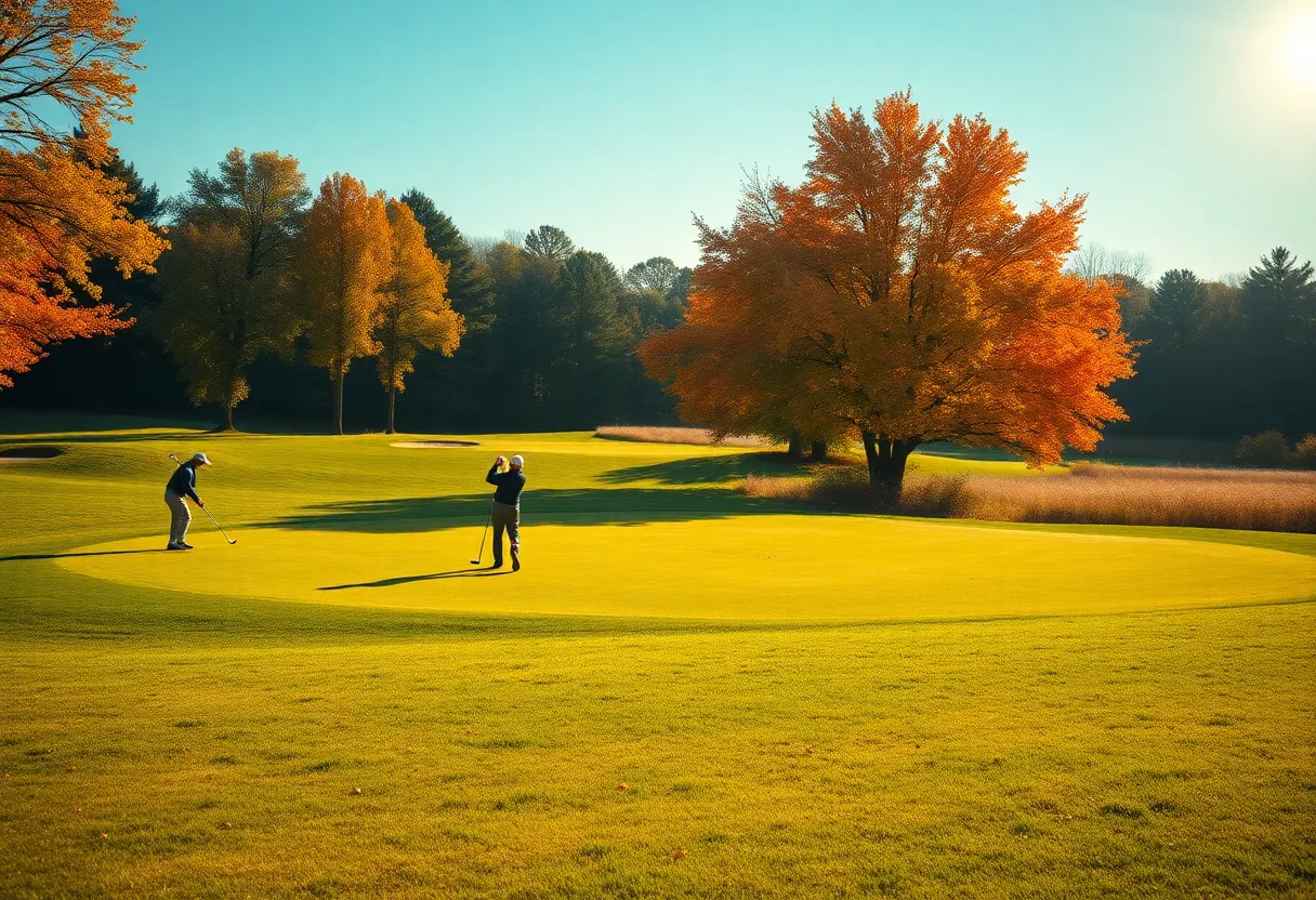 Golf players competing during October tournaments in a scenic autumn setting.