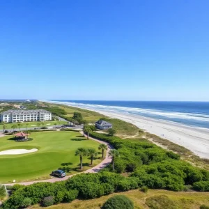 Aerial view of Palmetto Dunes Oceanfront Resort with golf courses and coastline