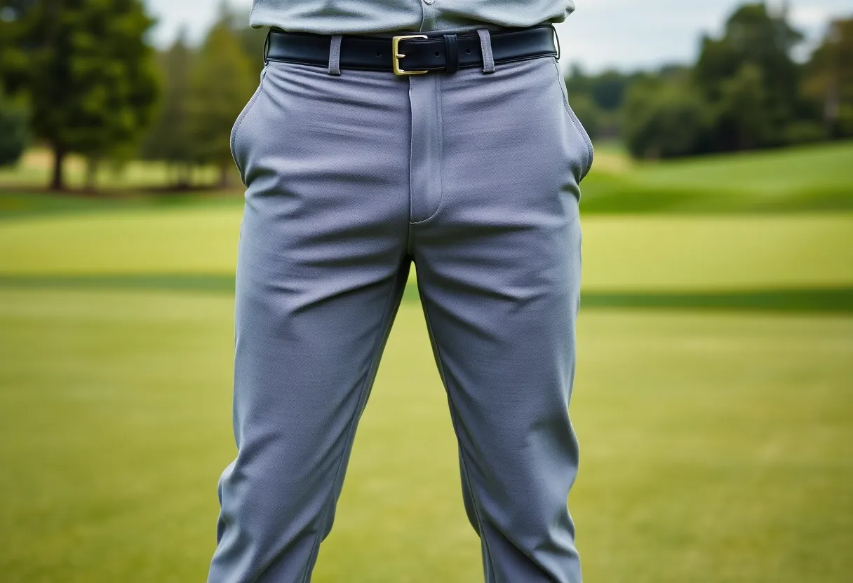 Stylish golf pants displayed on a golf course