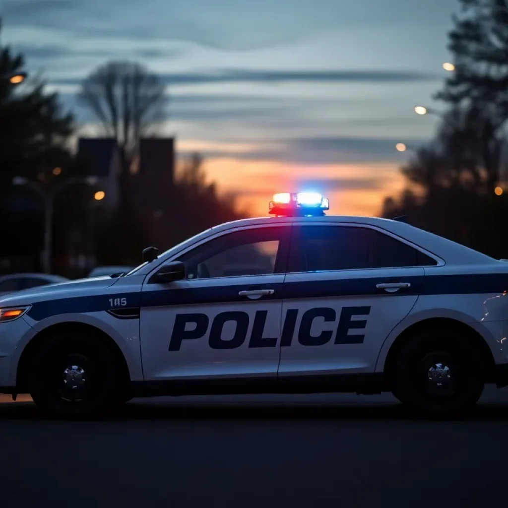 A police car with flashing lights at night.