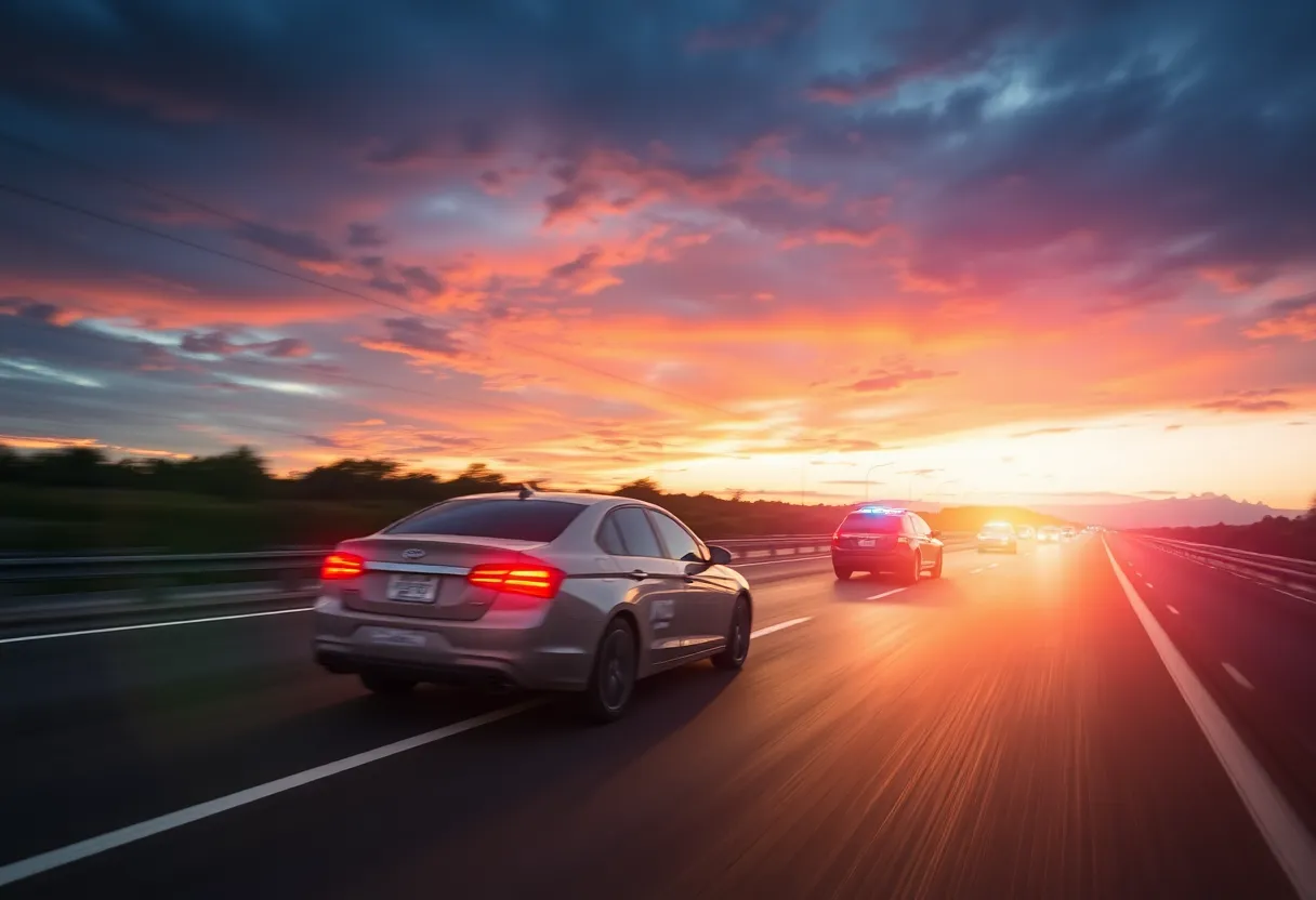 High-speed police chase scene on a highway.