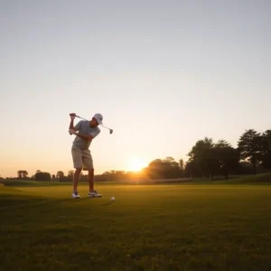 A golfer practicing on a scenic golf course at sunset