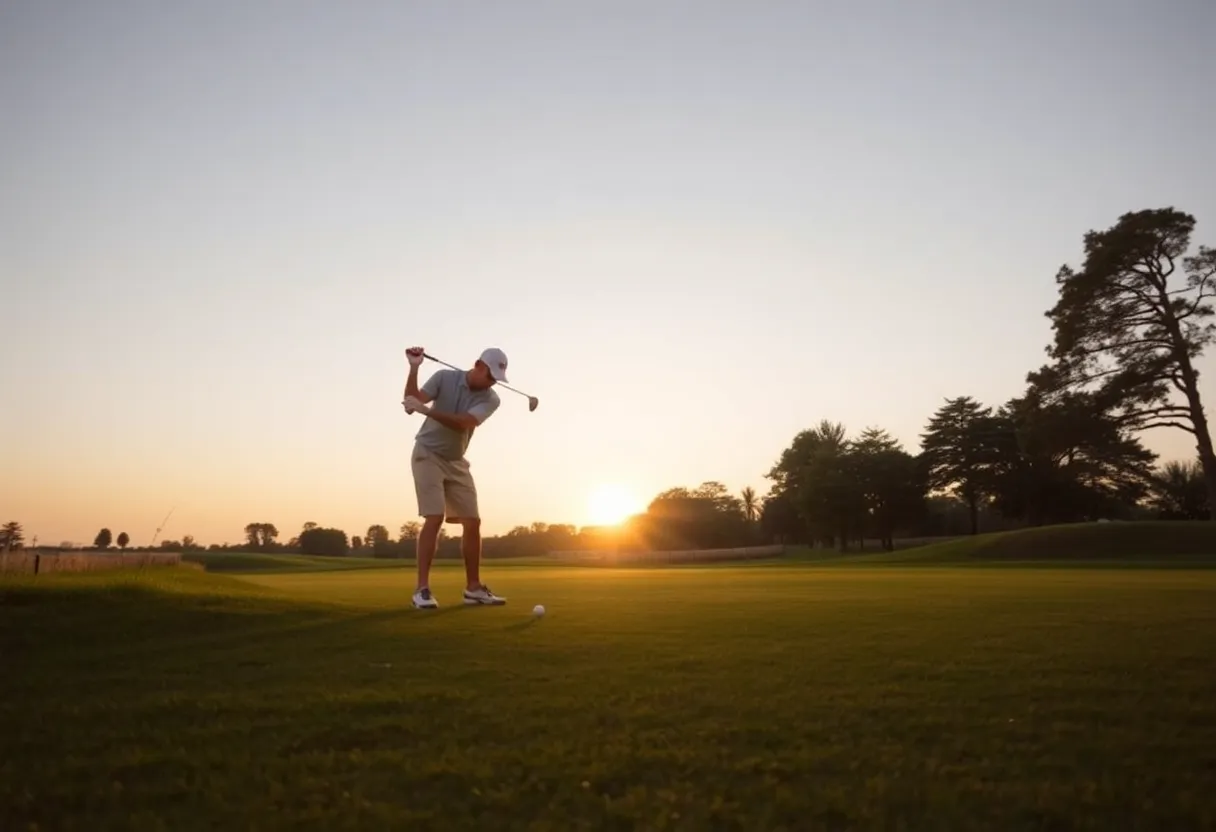 A golfer practicing on a scenic golf course at sunset