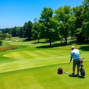 A stunning view of a public golf course with golfers on the green.