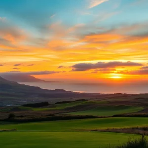 Breathtaking view of a Scottish golf course at sunset