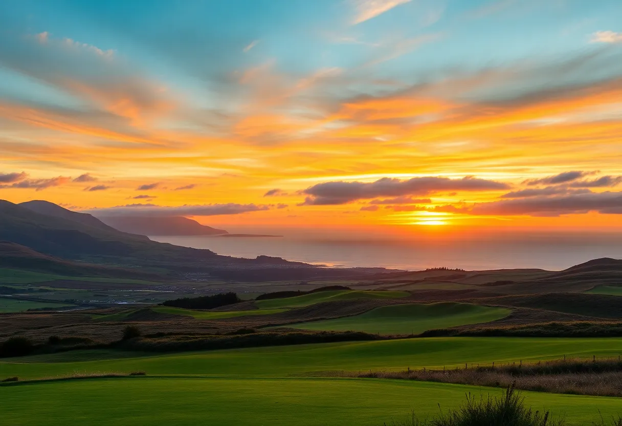 Breathtaking view of a Scottish golf course at sunset