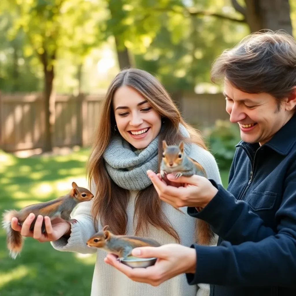 Couple interacting with squirrels in Myrtle Beach backyard