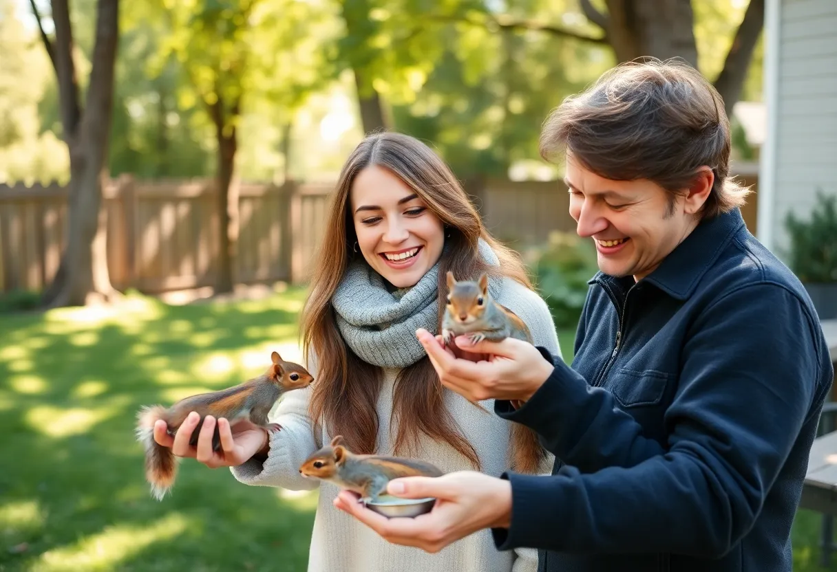 Couple interacting with squirrels in Myrtle Beach backyard