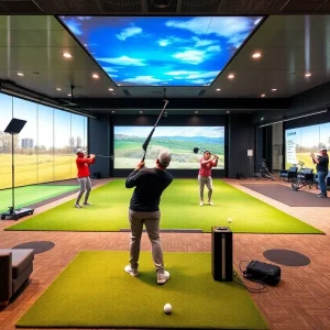 Interior view of Studio Golf Club with modern golf training bays