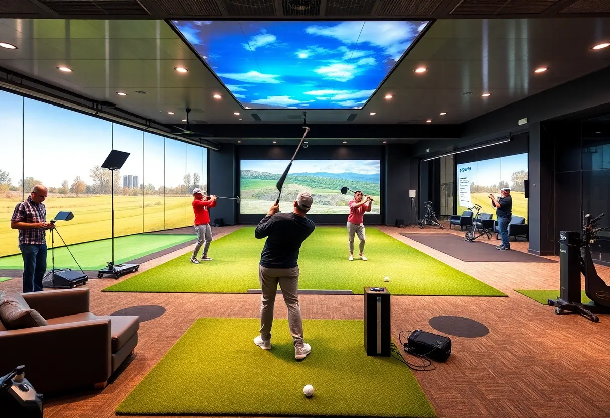 Interior view of Studio Golf Club with modern golf training bays