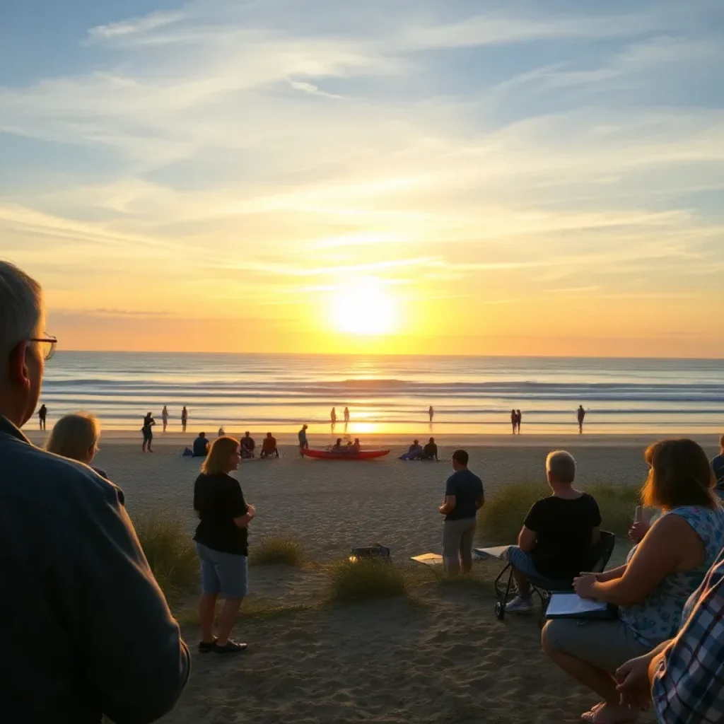 Residents discussing plans at Surfside Beach.