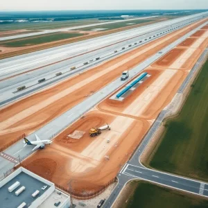 Aerial view of taxiway construction at Charlotte Douglas International Airport