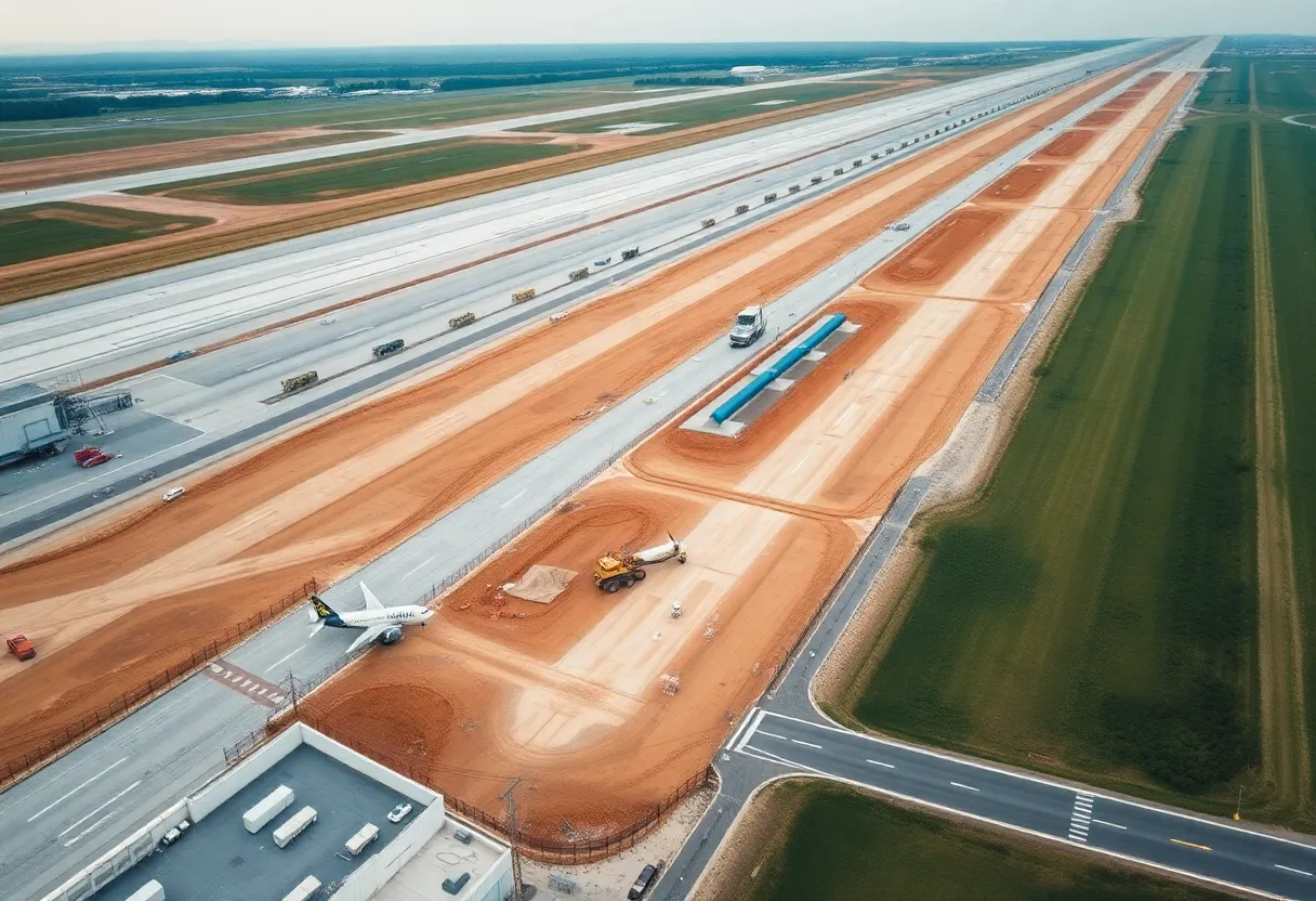 Aerial view of taxiway construction at Charlotte Douglas International Airport