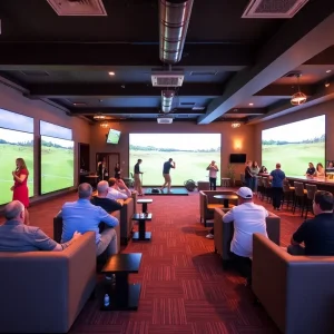 Interior view of Tee Box Golf Lounge with simulators and lounge areas