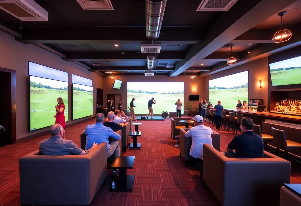 Interior view of Tee Box Golf Lounge with simulators and lounge areas