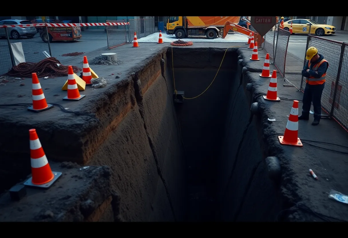 Rescue operation at a Texas construction site with a deep trench