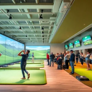 Indoor golf league showcasing players and technology