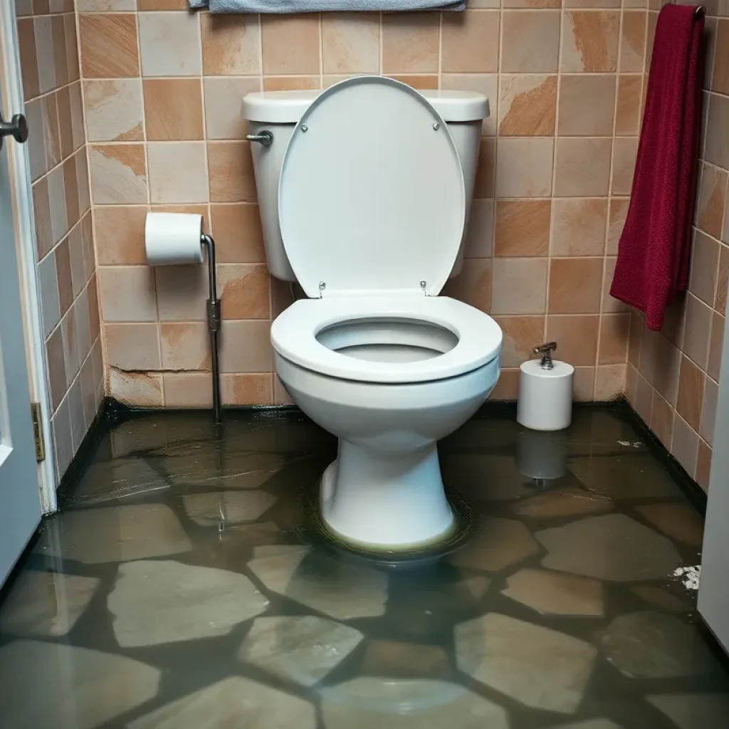 Bathroom flooded with sewage due to a toilet explosion.