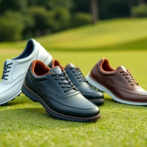 A variety of golf shoes suitable for different playing conditions showcased on a golf course.