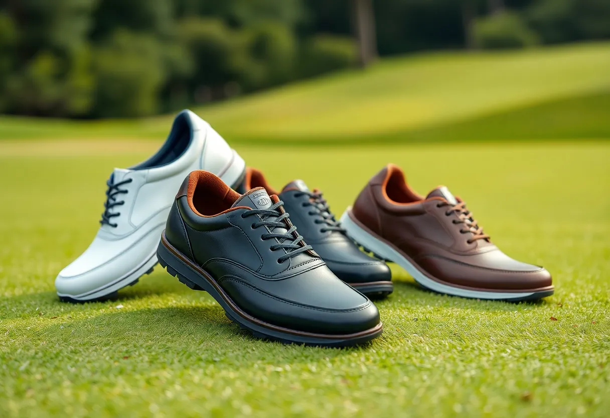 A variety of golf shoes suitable for different playing conditions showcased on a golf course.