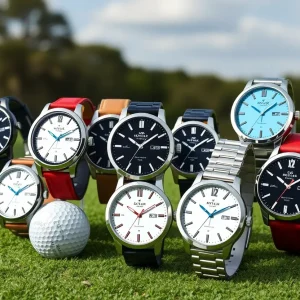 Collection of the latest golf watches on a golf course