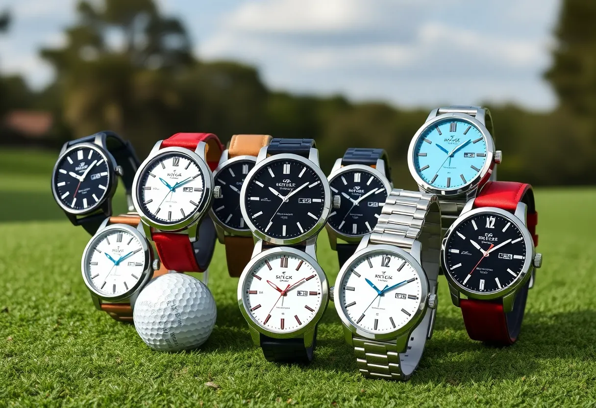 Collection of the latest golf watches on a golf course