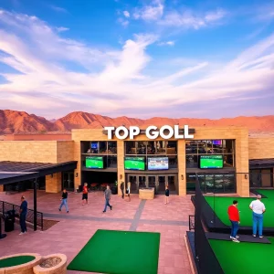 Topgolf venue with golfers in the desert