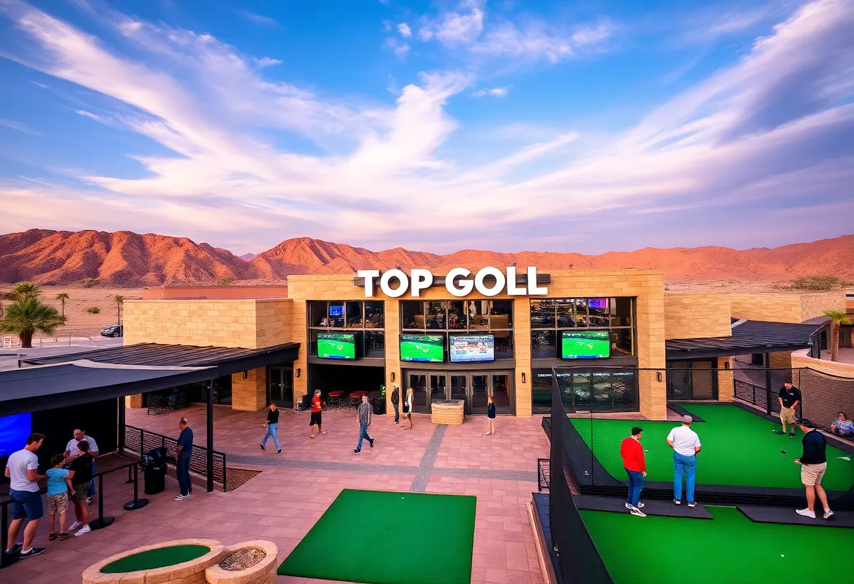 Topgolf venue with golfers in the desert