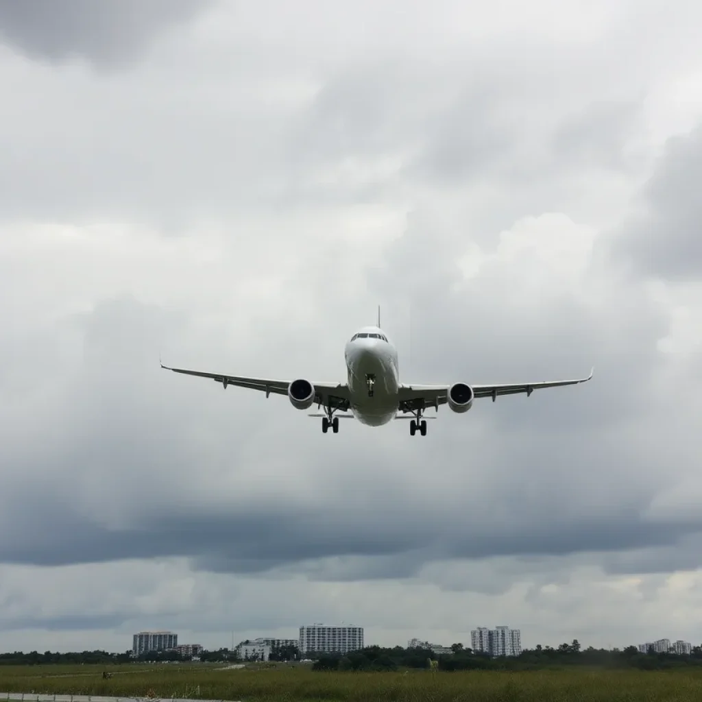 An airplane flying through turbulent skies above Myrtle Beach.