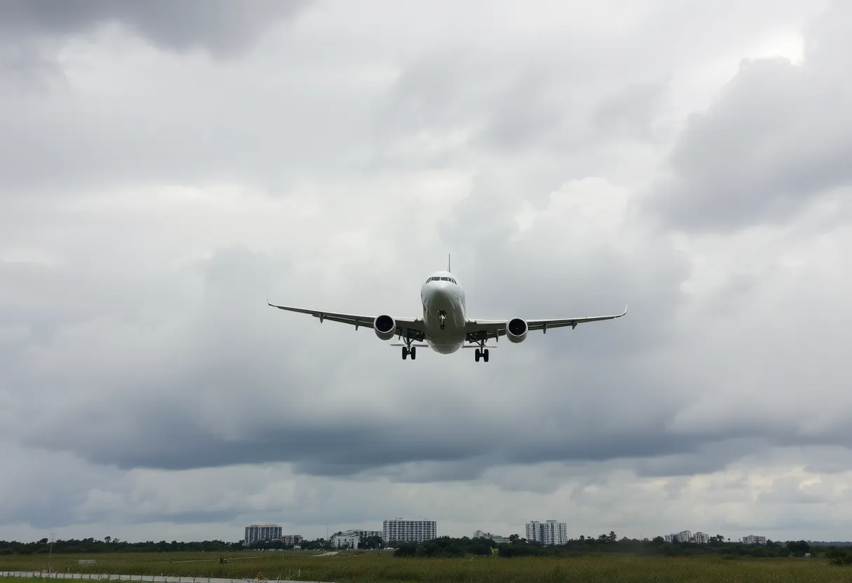 An airplane flying through turbulent skies above Myrtle Beach.