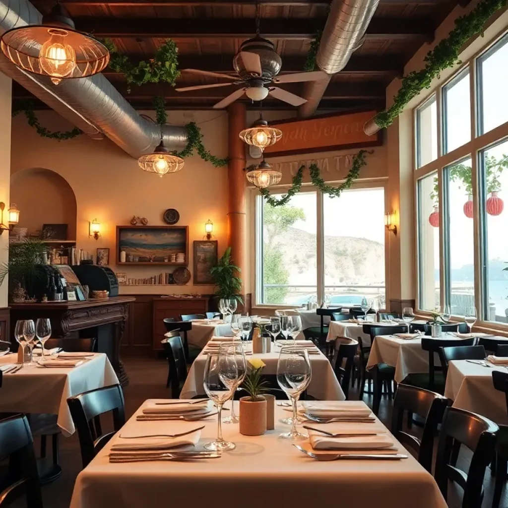 Dining area decorated for Villa Romana's 40th anniversary celebration with Italian-themed decor.