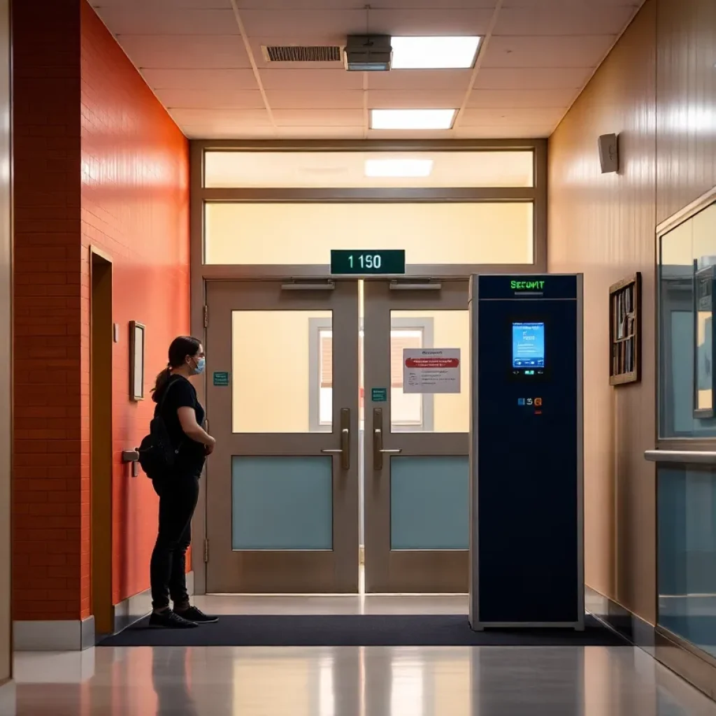 School entrance with weapons detectors for safety screening