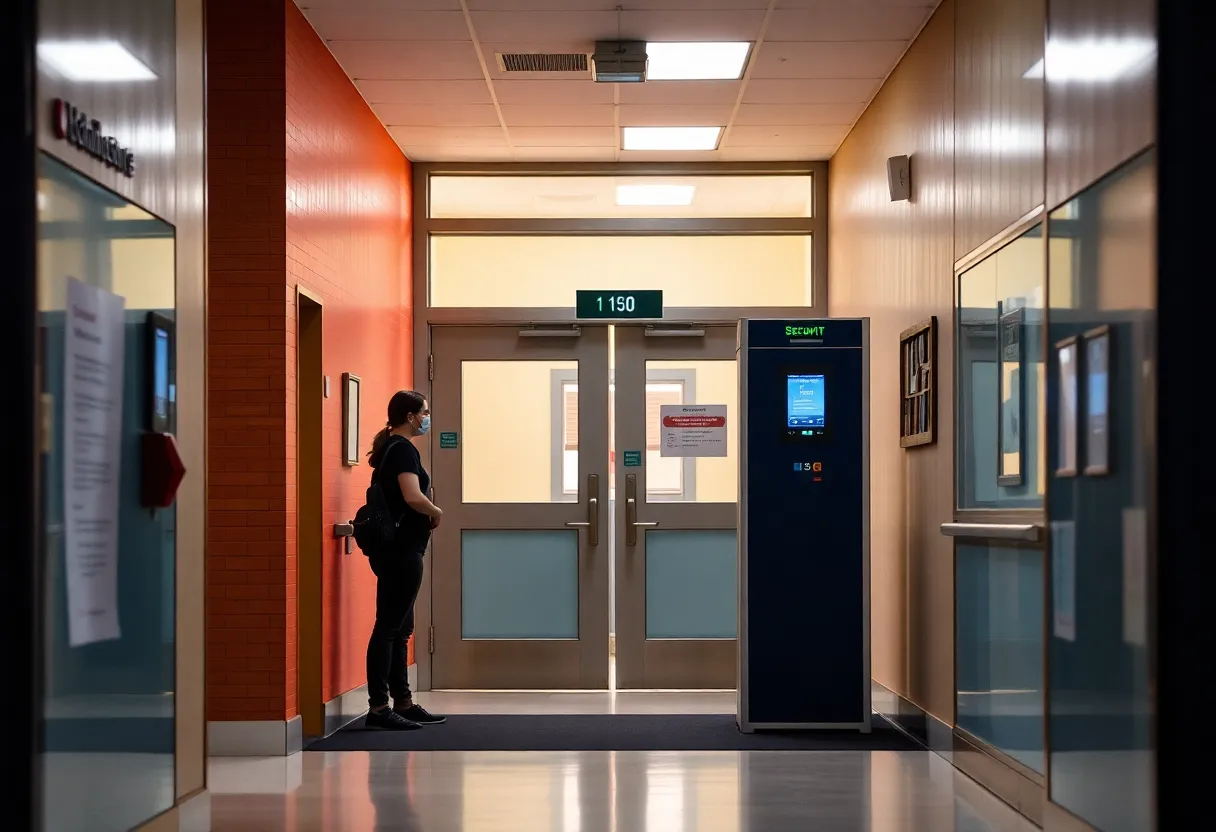 School entrance with weapons detectors for safety screening