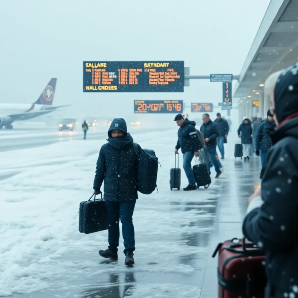 Travelers affected by winter storm at an airport