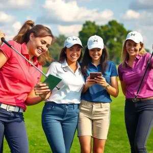 Female golfers interacting with digital devices on a golf course