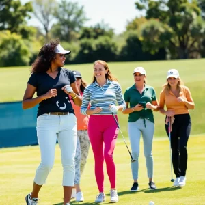 Women celebrating on a golf course during Women's Golf Day event