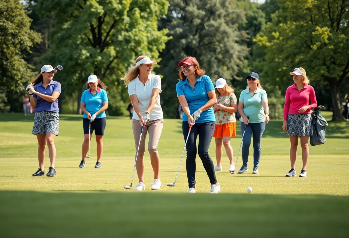 Group of women playing golf in a sunny park setting