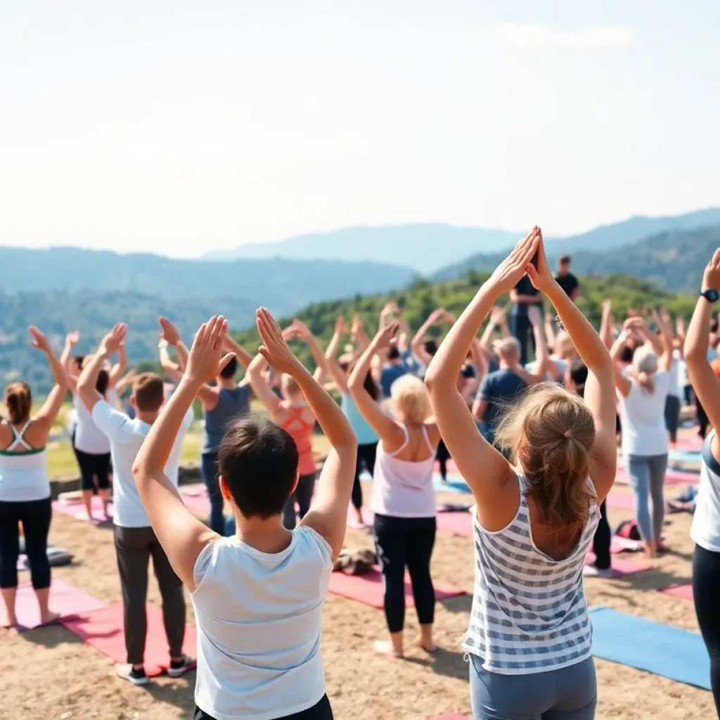 Participants in a yoga fundraiser performing sun salutations in Myrtle Beach