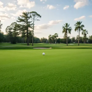 Close up of a beautiful golf course showcasing lush fairways and desert flora
