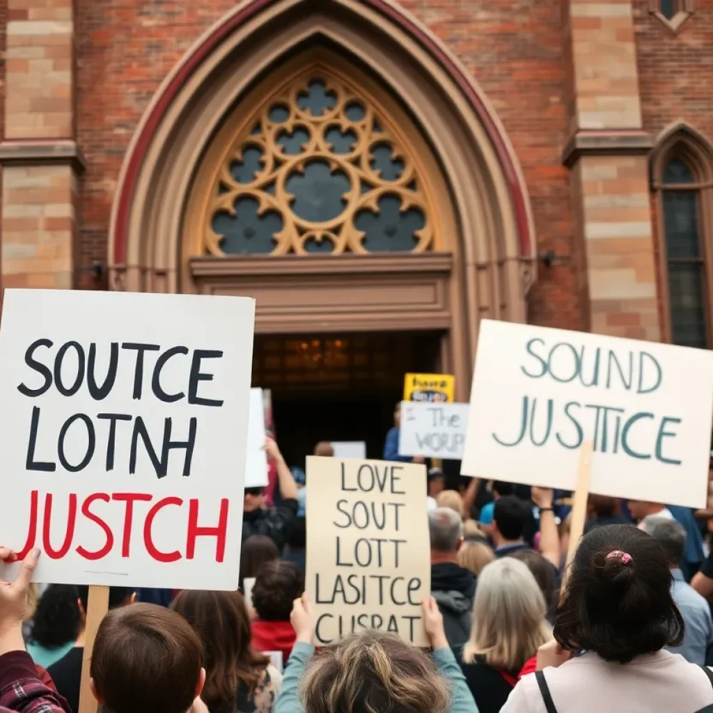 Protesters outside a church demonstrating for justice