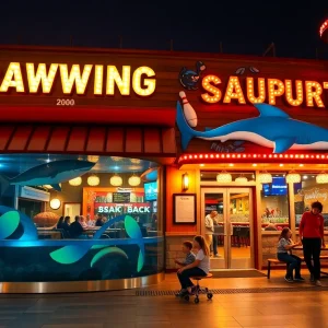 Conceptual image of Alley Oops restaurant in North Myrtle Beach with bowling and dining areas