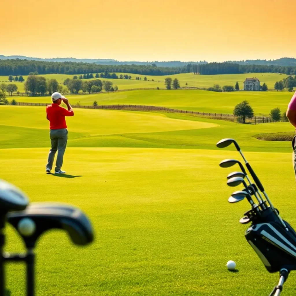 Golfers engaged in custom club fitting sessions on a lush course.