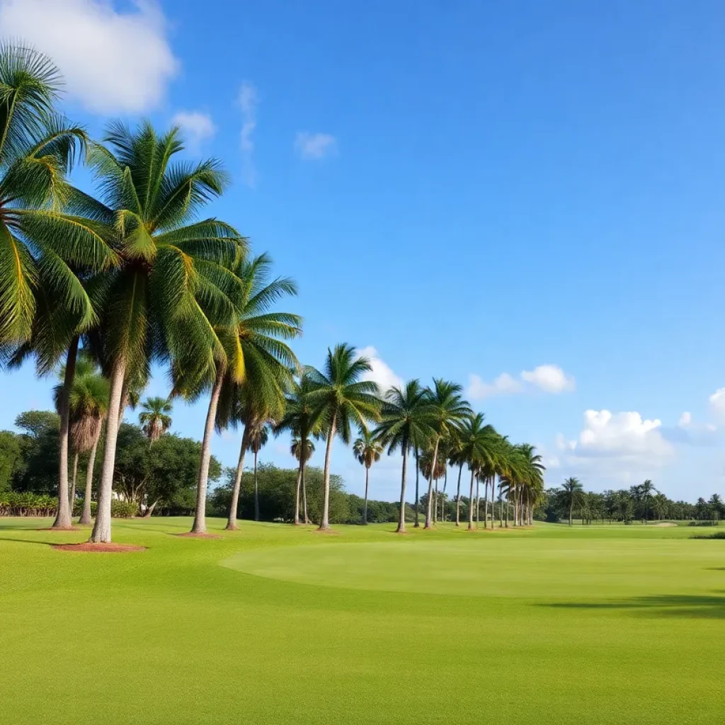 Lush Florida golf course with palm trees and blue skies