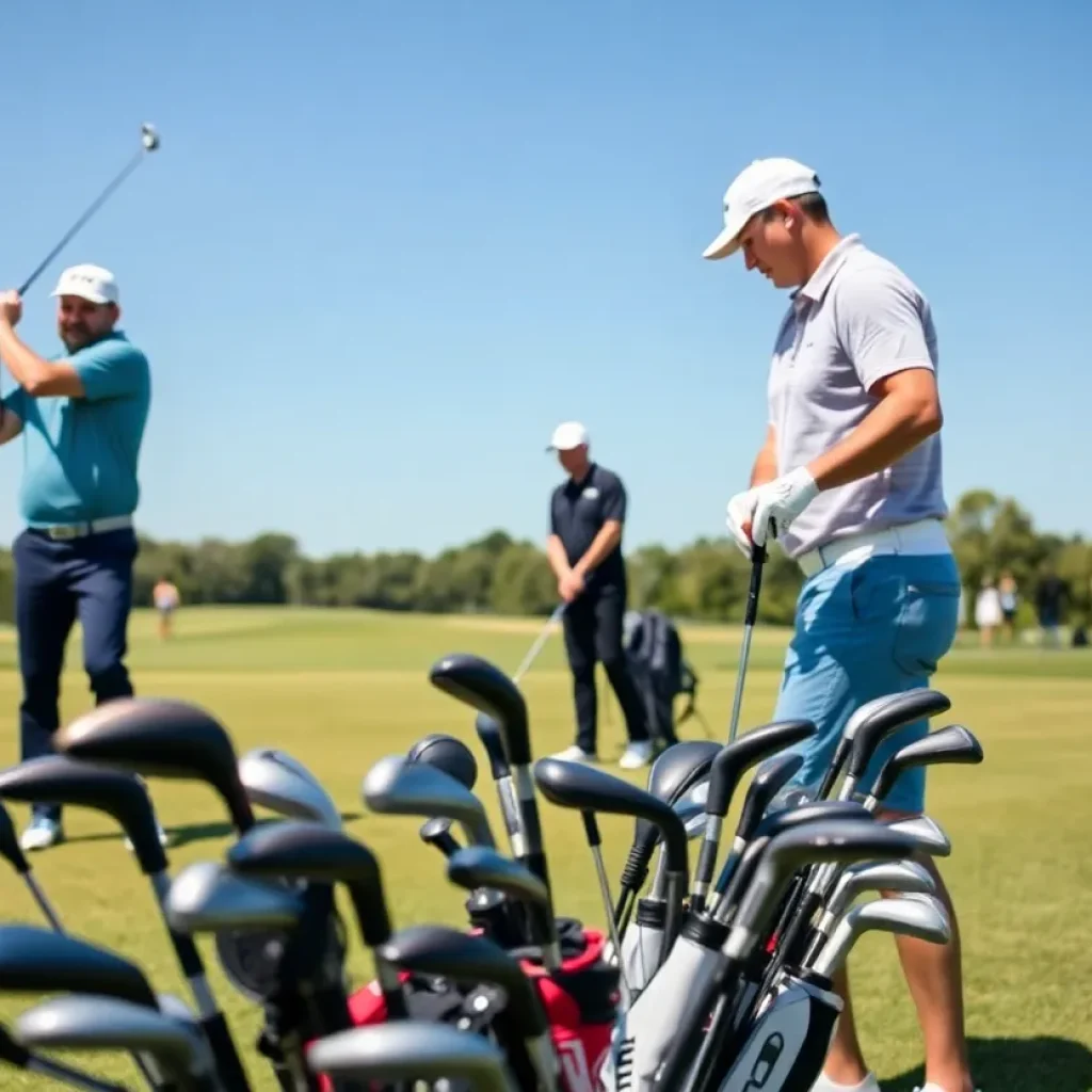 Golf professionals participating in a golf event with rental equipment.