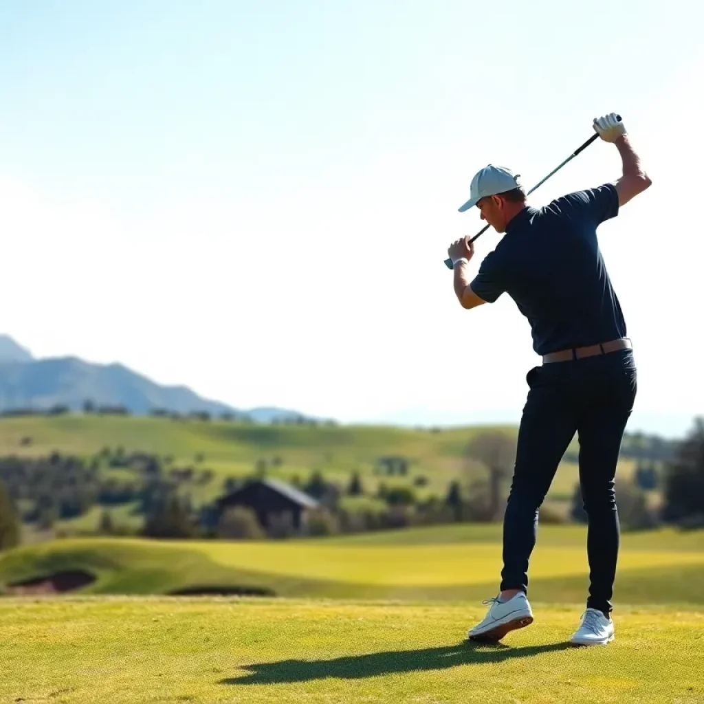 A golfer practicing on a beautiful golf course.