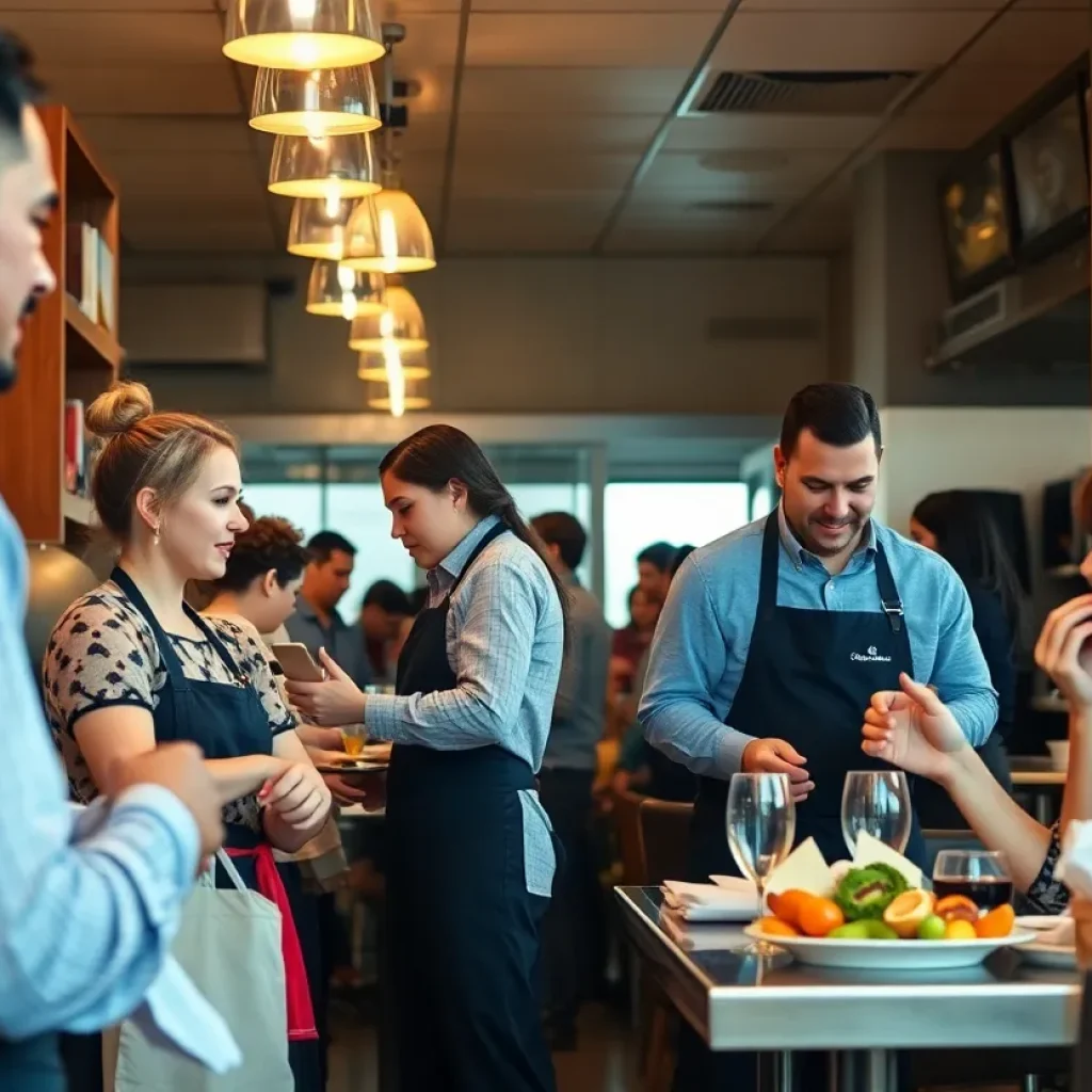 Busy restaurant interior with employees serving customers