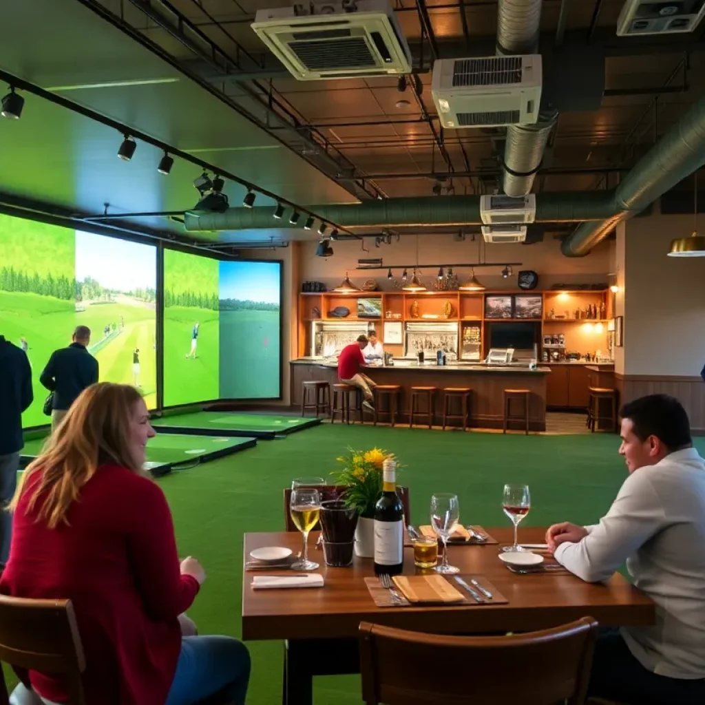 People enjoying indoor golfing and dining at Buffalo Golf House