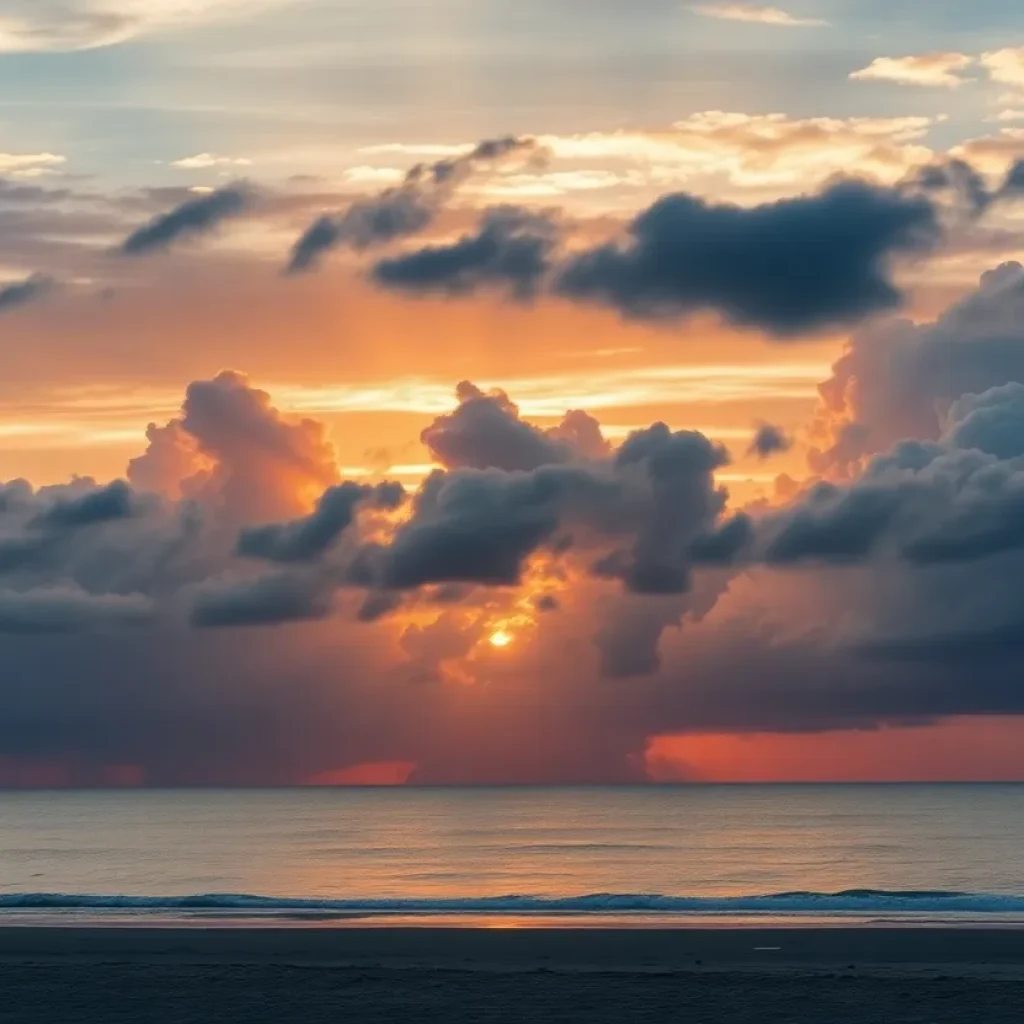 Serene beach sunset with gathering storm clouds over Myrtle Beach