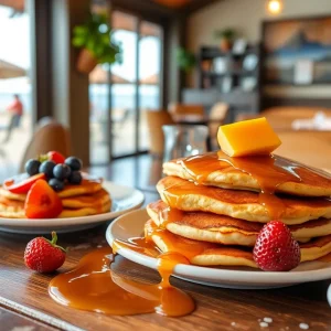 A selection of fluffy pancakes with fruits and syrup in a warm restaurant setting