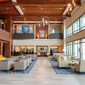 Stunning newly renovated hotel lobby in Myrtle Beach with modern decor